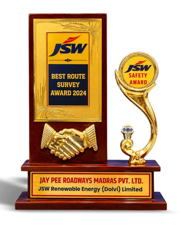 JSW Best Route Survey Award 2024 trophy presented to Jay Pee Roadways Madras Pvt. Ltd. by JSW Renewable Energy (Dolvi) Limited