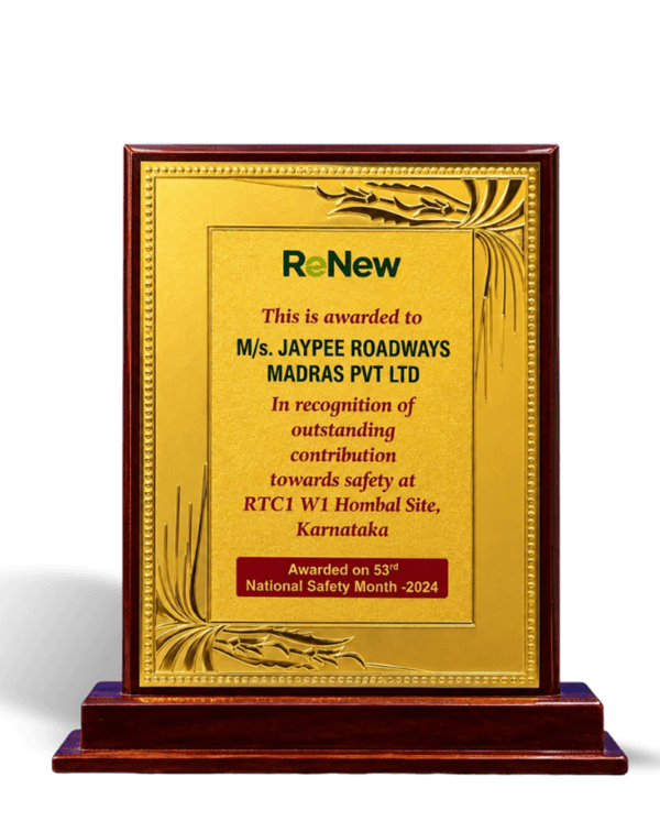 JSW Best Route Survey Award 2024 trophy presented to Jay Pee Roadways Madras Pvt. Ltd. by JSW Renewable Energy (Dolvi) Limited
