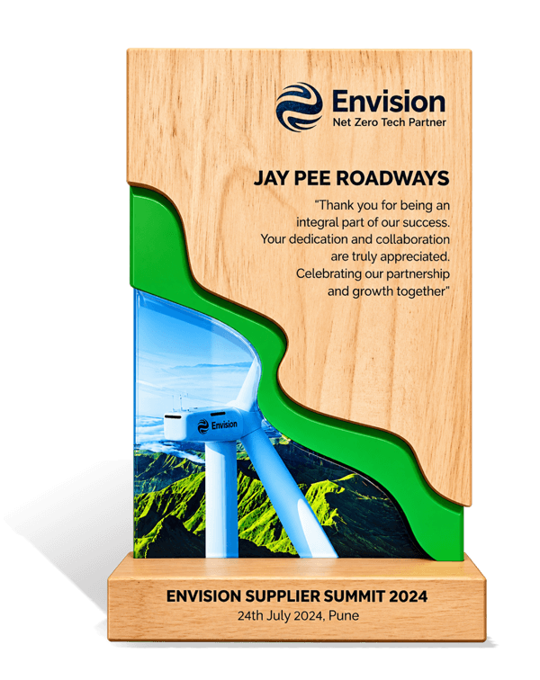 JSW Best Route Survey Award 2024 trophy presented to Jay Pee Roadways Madras Pvt. Ltd. by JSW Renewable Energy (Dolvi) Limited