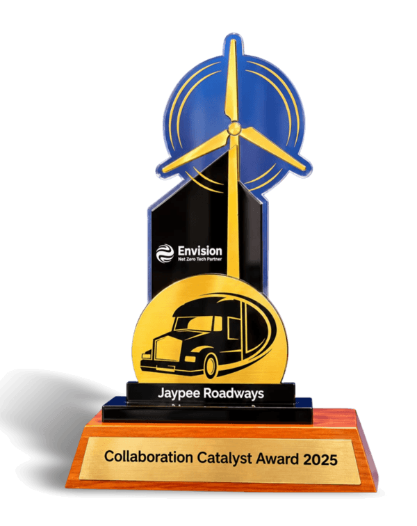 JSW Best Route Survey Award 2024 trophy presented to Jay Pee Roadways Madras Pvt. Ltd. by JSW Renewable Energy (Dolvi) Limited