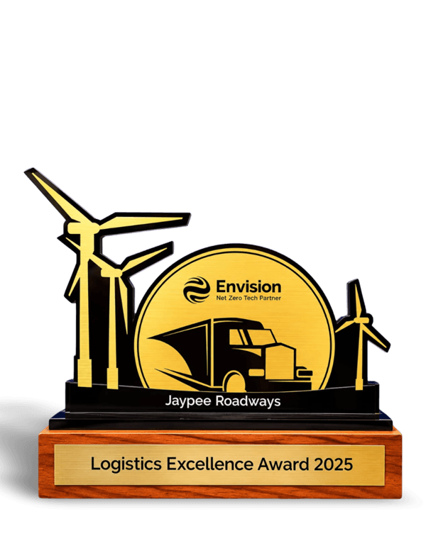 JSW Best Route Survey Award 2024 trophy presented to Jay Pee Roadways Madras Pvt. Ltd. by JSW Renewable Energy (Dolvi) Limited